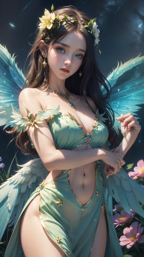 4k ultra hd, masterpiece, a girl, good face, detailed eyes, detailed lips, flower fairy girl, big wings, transparent wings, neon lights, magnificent background, green dress, bare waist, flower crown, starry sky background, divine light, attractive pose,