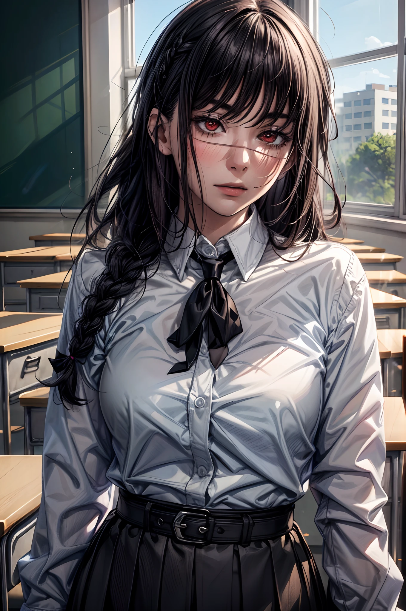 (masterpiece, best quality: 1.2), yoru(chainsaw man),(very detailed face, real image, realistic skin, realistic body, intricate details), red eyes (intimidating look), light blush, social clothing, semi-open button-up shirt (White), white bra, Skirt (black), black belt with buckle, big hair (stuck with braids), small breasts, close-up, large thighs, classroom, blackboard.