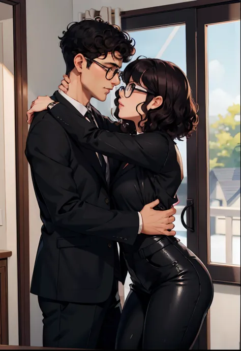 Short pale man black hair glasses and black clothes kissing a black woman with curly brown hair black clothes