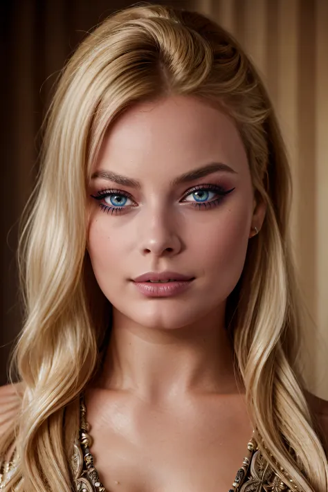 portrait of margot robbie, (((insanely detailed face))), (ornamental blonde hair), (seductive look)