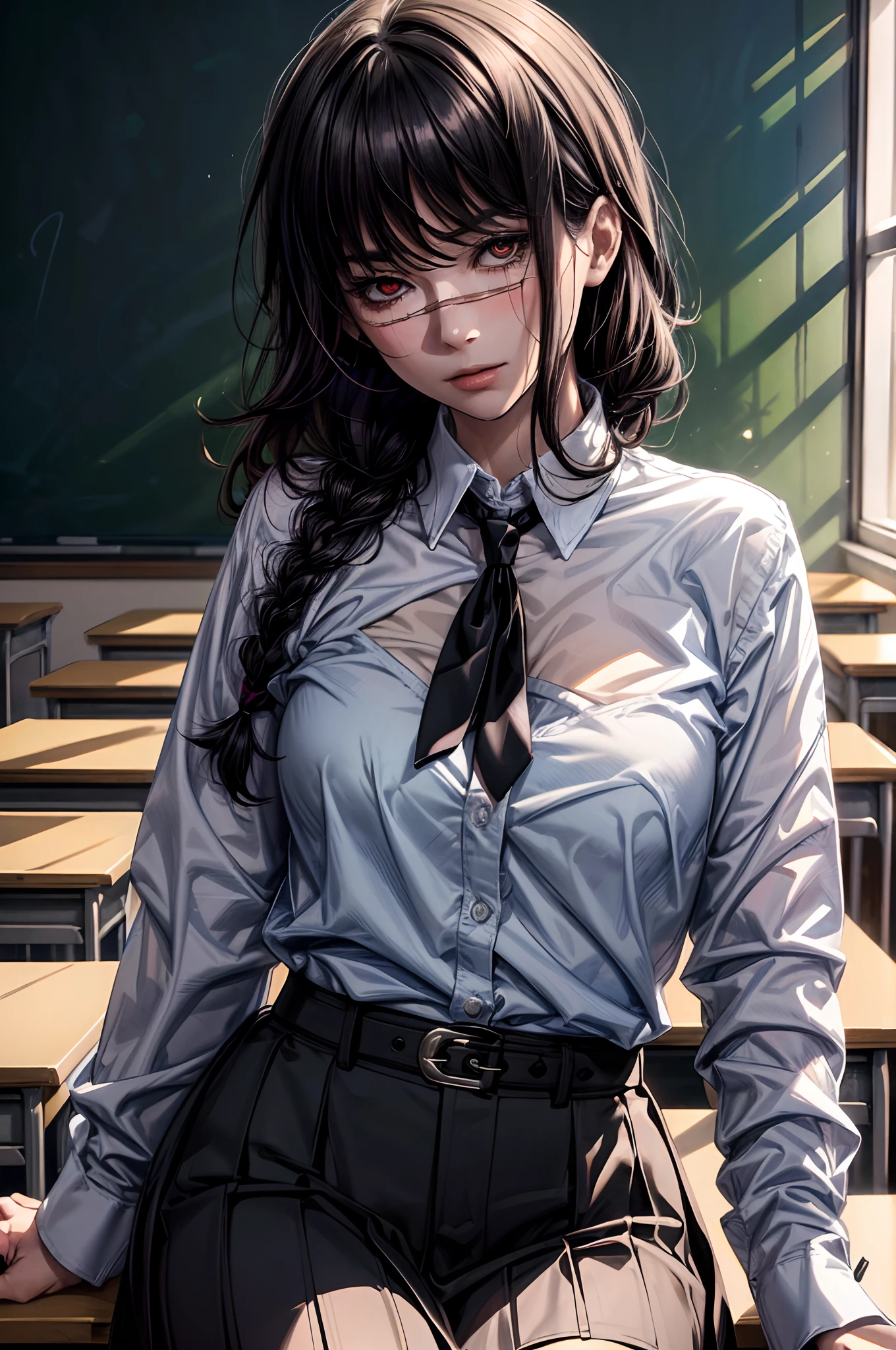 (masterpiece, best quality: 1.2), yoru(chainsaw man),(very detailed face, real image, realistic skin, realistic body, intricate details), red eyes (intimidating look), light blush, social clothing, semi-open button-up shirt (White), white bra, Skirt (black), black belt with buckle, big hair (stuck with braids), small breasts, close-up, large thighs, classroom, blackboard.