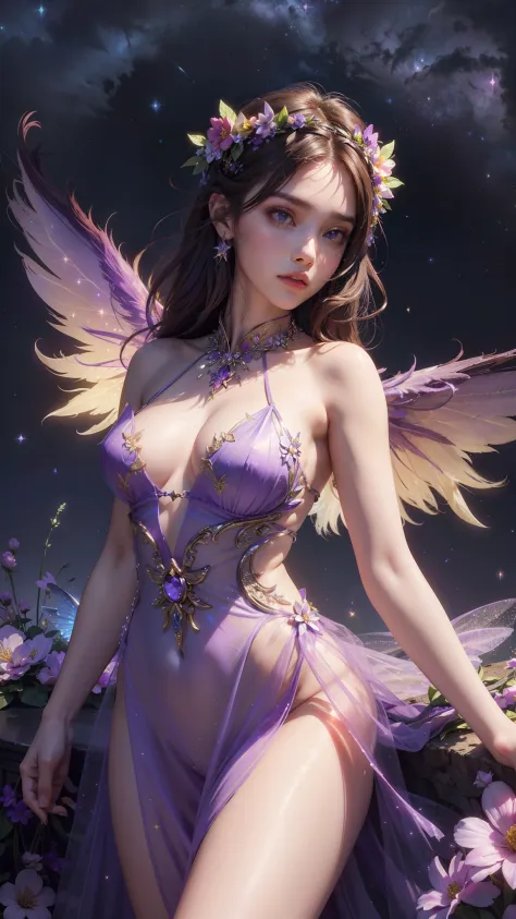 4k ultra hd, masterpiece, a girl, good face, detailed eyes, detailed lips, flower fairy girl, big wings, transparent wings, neon lights, magnificent background, purple dress, bare waist, flower crown, starry sky background, divine light, attractive pose,