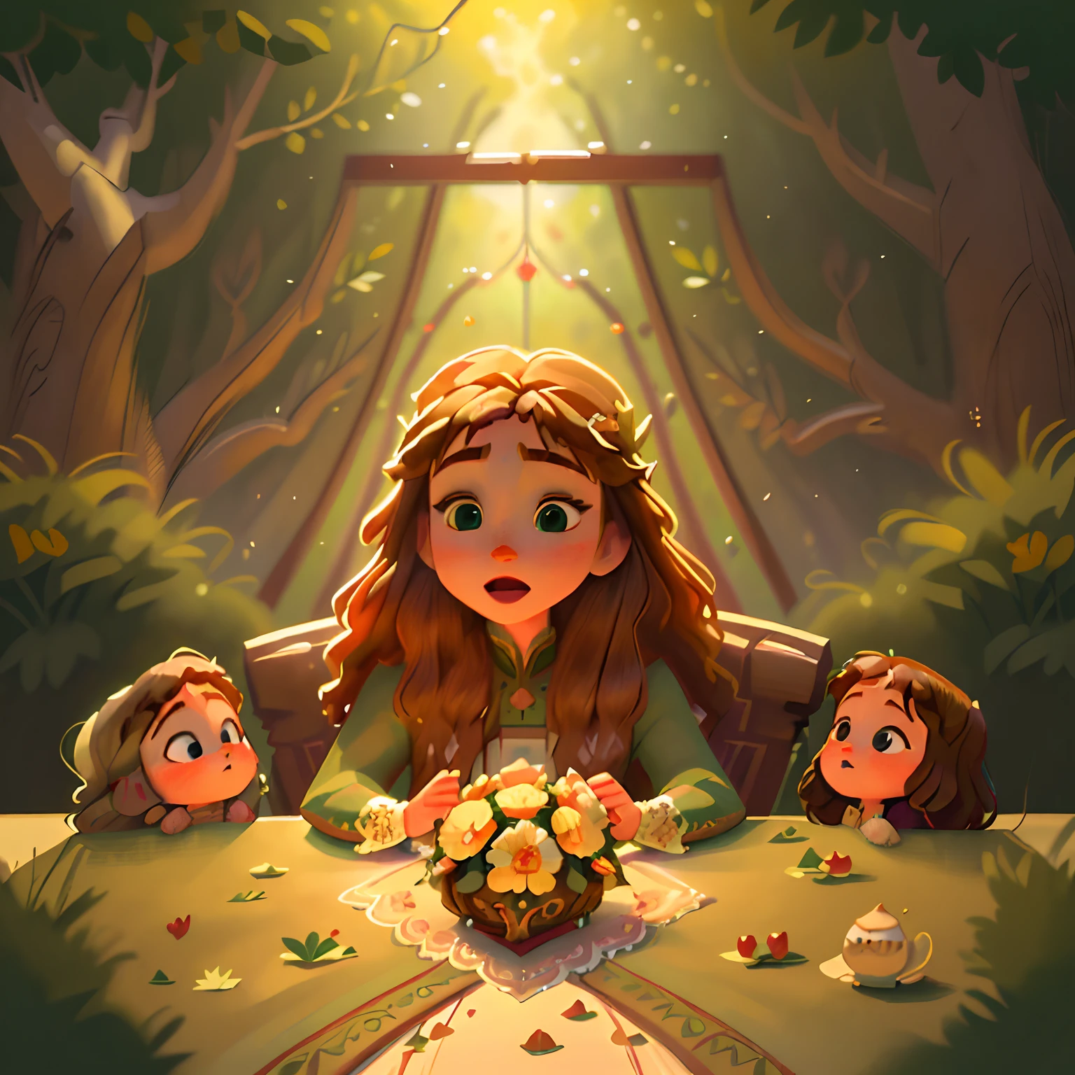 (highres:1.2),Happy Medieval Mom and 2daughters,beautiful detailed eyes,lush green garden,long flowing hair,traditional medieval dresses,castle in the background,soft natural lighting,portrait,realistic colors,peaceful ambiance,immaculate details,classic oil painting,old master style,a moment frozen in time,subtle brush strokes,vibrant hues,serene expressions,loving bond between mother and daughters,graceful poses,sunlight streaming through the trees,meticulous attention to detail,expression of tenderness and care,impressive depth and dimension,majestic architecture,storybook-like atmosphere,mother's nurturing presence,sparkling jewels and headpieces,triumphant yet tender,ancient tapestries and decor,floral patterns and embroidery,draped fabrics and textures,delicate lace and ruffles,sumptuous banquet table in the castle,playful interaction between the daughters,jewel-toned stained glass windows,lush blooming flowers,butterflies and birds fluttering around,unraveling stories and mysteries,an enchanting tale of love and family.