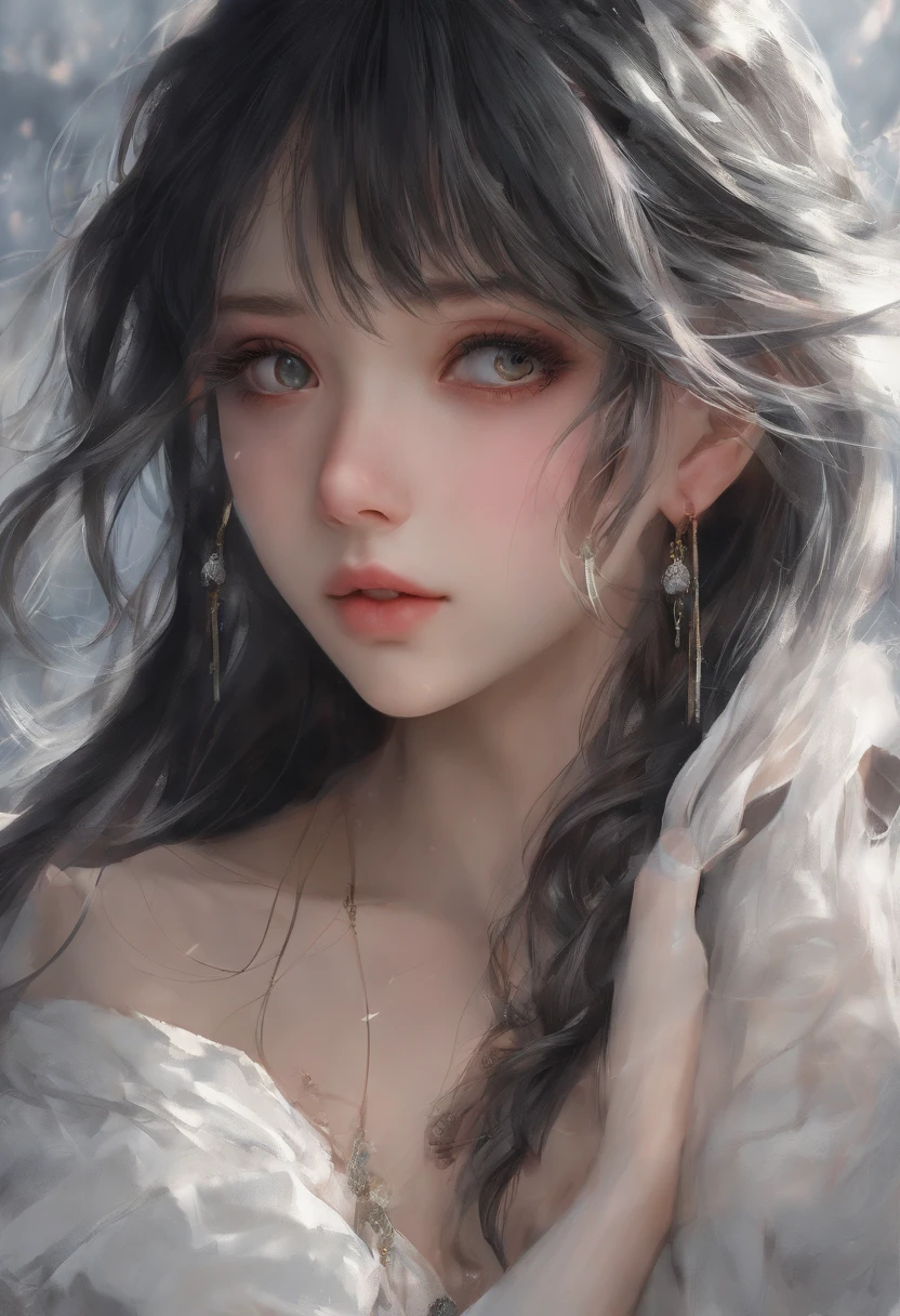 anime girl avec de longs cheveux noirs et une robe blanche, fille animée aux cheveux longs, beau portrait animé, beau style animé, belle fille animée, guweiz, oeuvre d&#39;art dans le style de guweiz, Beau visage d&#39;anime, belle femme animée, dans le style artistique de Bowater, superbe portrait de visage d&#39;anime, Portrait détaillé de fille anime, portrait, anime, fille