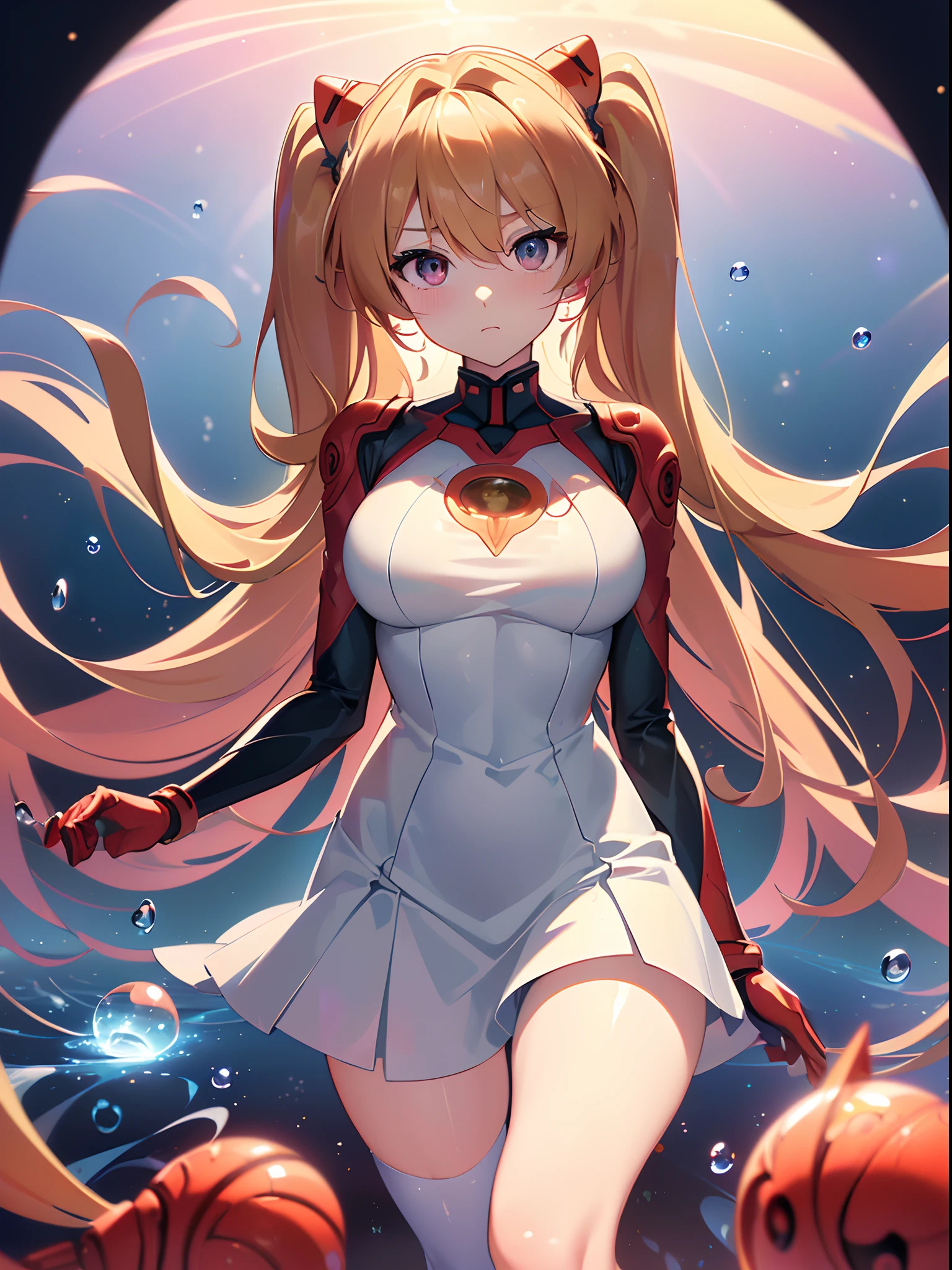 ((souryuu asuka langley,headgear,grey sundress,sexy thighs,golden hair,side twintails)),(Glowing eyes:1.233), diffuse reflection, high-profile, majestic,(outstretched hands,blushing,adorable face,cute face,vulnerable face,bishoujo,kawaii,)(Beautiful and detailed eyes:1.3),(((1girl,solo,)))(Masterpiece,Best quality, offcial art,Target the audience, Beautiful and aesthetic:1.2),(超高分辨率,Golden ratio), (4K),(looking from above,bent over),(((mirrors,))),((squatting:0.7)),Floating hair, (((Blue planet,spiral bubbles,raindrops,rainbow,blooming,glowing light),cinematic lighting,natural lighting,good lighting,ray tracing,Greatest optical vision painting)),(photo maping, Physically-based rendering,automatic white balance),Amazing,Sharp focus,(((holographic))), (((high detailed skin,)))Dynamic lighting,Intricately detailed clothing,Watery eyes,(masterpiece sidelighting),(busty body,a sexy girl,The sheen),[[Delicate fingers and hands:0.55]::0.85],(Detail fingers),((((BREAK,Design an image with a fisheye lens effect, capturing a wide field of view with a distinctive, curved perspective.BREAK,)))Superior photographic quality,((extremely_Detailed_Eyes_and_face)),(Disheveled hair),Movie girl,Brilliant,drifting Nebula,ethereal, glossy ,striking contrast,high saturation