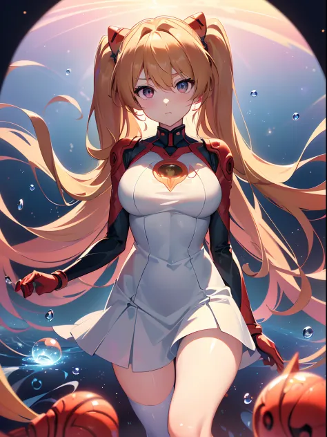 ((souryuu asuka langley,headgear,grey sundress,sexy thighs,golden hair,side twintails)),(Glowing eyes:1.233), diffuse reflection...
