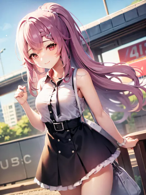 girl with a bag standing at the train station, smiling, braided pink hair with red eyes, white sleeveless shirt, black skirt, re...