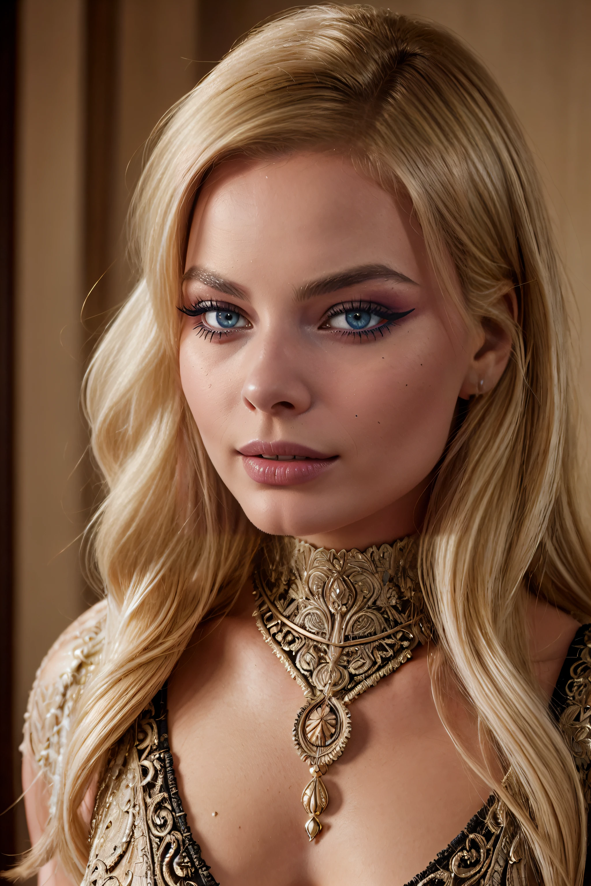 Portrait von Margot Robbie, (((wahnsinnig detailliertes Gesicht))), (dekorative blonde Haare), (Verführerischer Look)