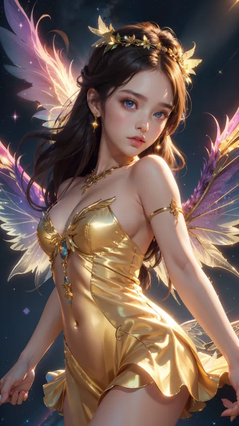 4k ultra hd, masterpiece, a girl, good face, detailed eyes, detailed lips, flower fairy girl, big wings, transparent wings, neon lights, magnificent background, golden dress, bare waist, flower crown, starry sky background, divine light, attractive pose,