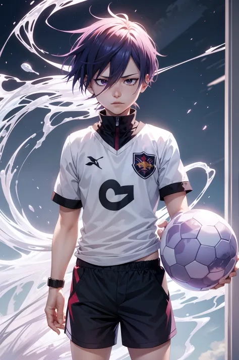 todoroki my hero academia,(menino anime), chutando uma bola de futebol com um fundo roxo, soccer uniform, cabelo roxo