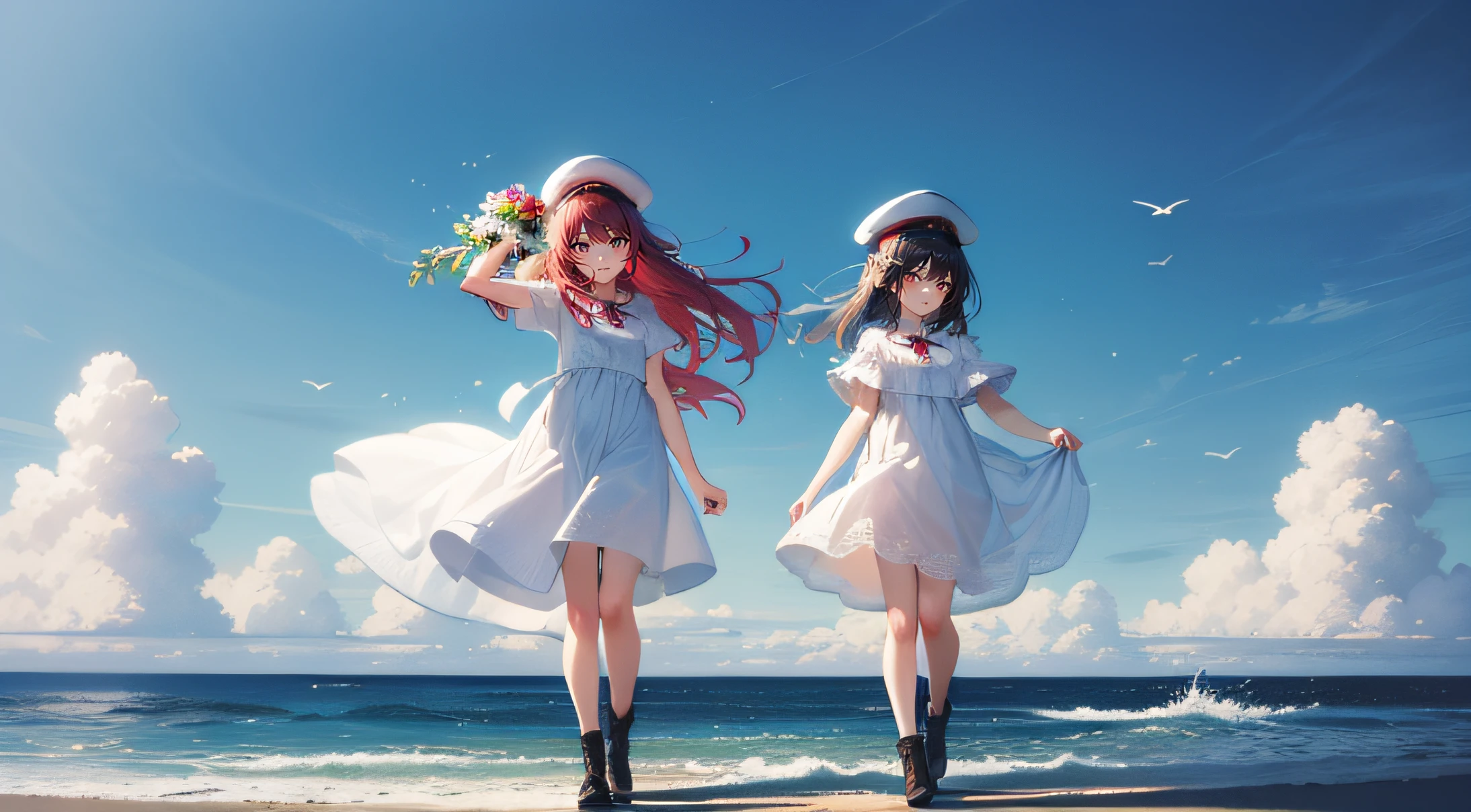 masterpiece, high definition, 2girl, sisters, sibling with red hair and black hair, handing flower, sea, adult, mature, white dress, commander cap, sexy, full body, black boots, red leggings