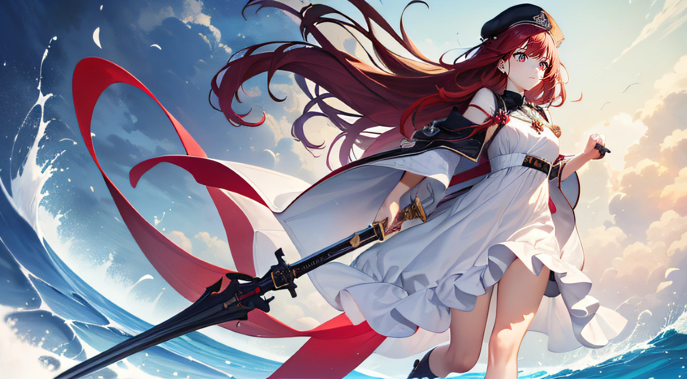 masterpiece, high definition, 2girl, sisters, fighting, sibling with red hair and black hair, handing flower, sea, adult, mature, white dress, commander cap, sword, gun, full body, black boots