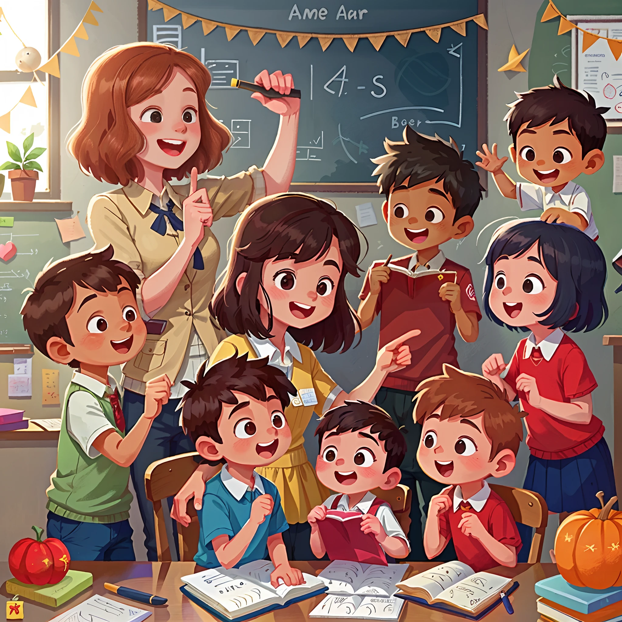 Cartoon illustration of a teacher and her students in a classroom ...