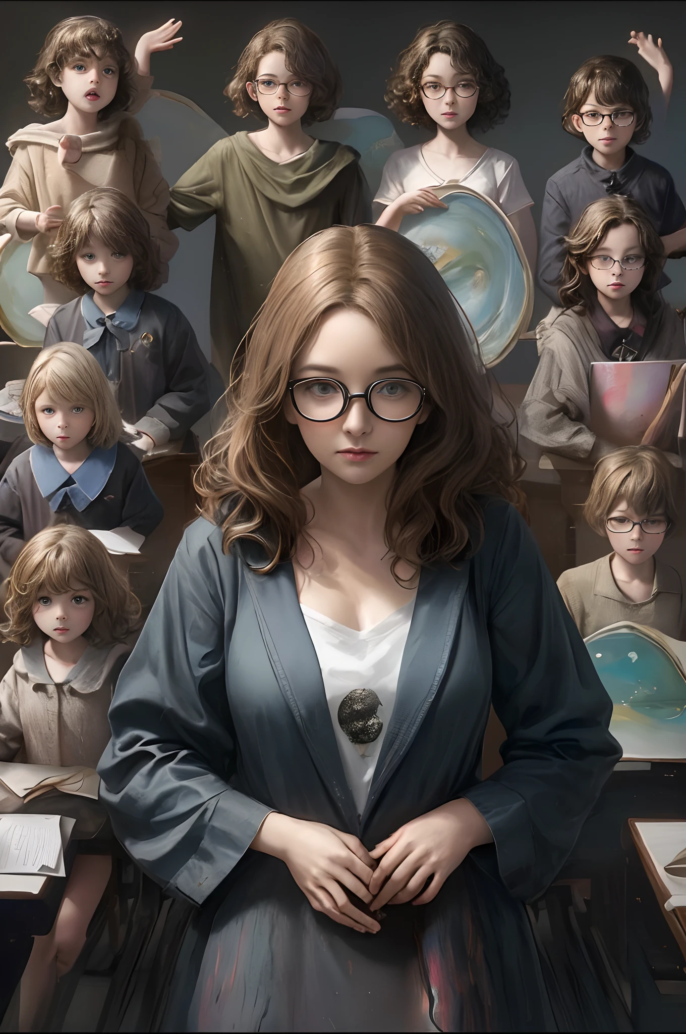 A 40-year-old teacher, Teacher, Wearing glasses, (Surrounded by a dozen children:1.4), upper body lens，the sea，wave，knowledge，nerds，abstract painting