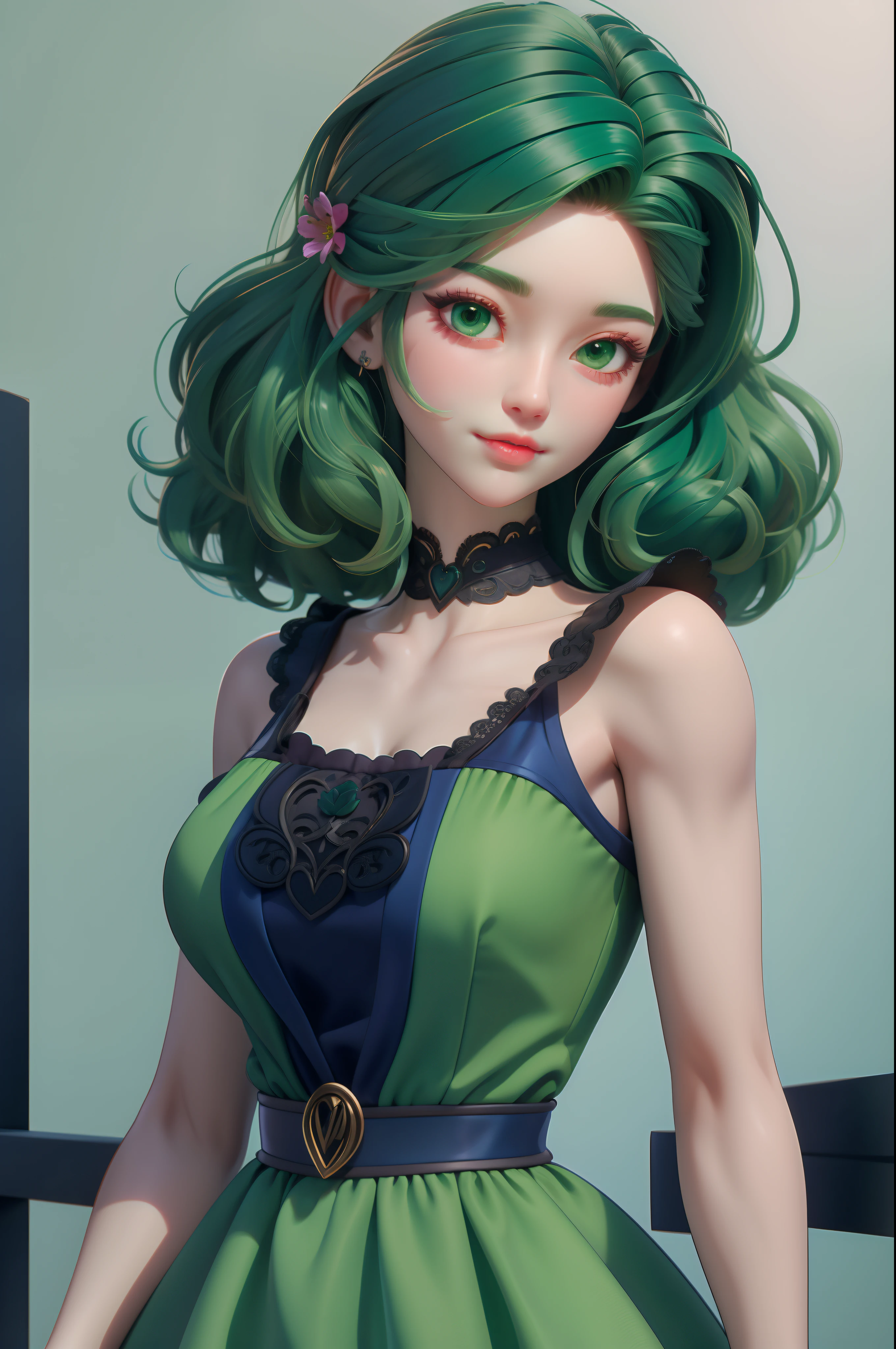 3dmm style, (masterpiece, best quality), intricate details, 1girl, solo, green hair, flower hair clip, green dress, looking at viewer,