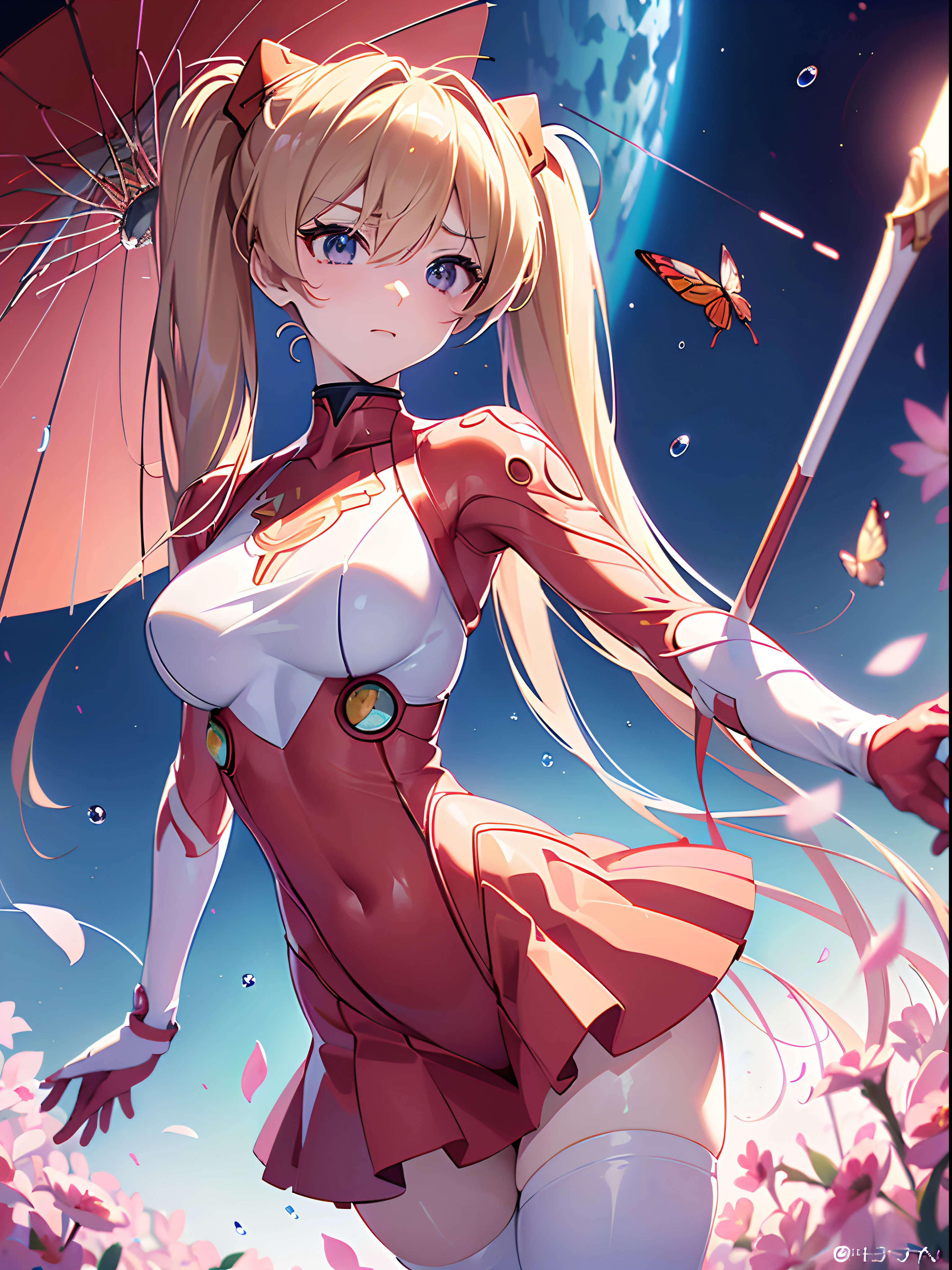 ((souryuu asuka langley,headgear,pink sundress,smooth thighs,Blonde,side twintails)),(Glowing eyes:1.233), diffuse reflection, high-profile, majestic,(sexy posture,evil smile,blushing,adorable face,bishoujo,kawaii,)(Beautiful and detailed eyes:1.3),1girl,Solo,(Masterpiece,Best quality, offcial art,Target the audience, Beautiful and aesthetic:1.2),(超高分辨率,Golden ratio), (4K),(looking from above,bent over),(((a girl is holding oil paper umbrella))),Wariza,Floating hair, (((Blue planet,butterfly mountain,raindrops,rainbow,blooming,glowing light),cinematic lighting,natural lighting,good lighting,ray chasing,Greatest optical vision painting)),(photo maping, Physically-based rendering,automatic white balance),Amazing,Sharp focus,(((holographic))), (((high detailed skin,)))Dynamic lighting,Intricately detailed clothing,Watery eyes,(masterpiece sidelighting),(busty body,a sexy girl,The sheen),[[Delicate fingers and hands:0.55]::0.85],(Detail fingers),((((BREAK,Design an image with a fisheye lens effect, capturing a wide field of view with a distinctive, curved perspective.BREAK,)))Superior photographic quality,((extremely_Detailed_Eyes_and_face)),(Disheveled hair),Movie girl,