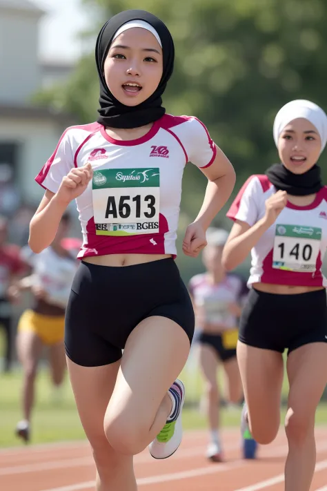 Create an energetic image of a Malay girl in hijab participating in a relay race, her teammates cheering her on as she sprints with determination