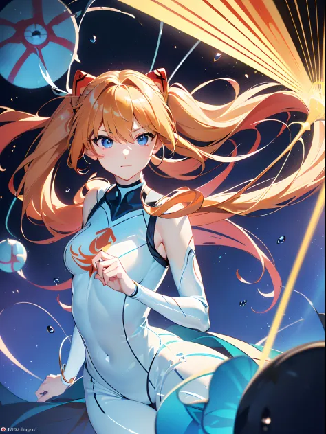 ((souryuu asuka langley,headgear,blue sundress,smooth thighs,Blonde,side twintails)),(Glowing eyes:1.233), diffuse reflection, h...