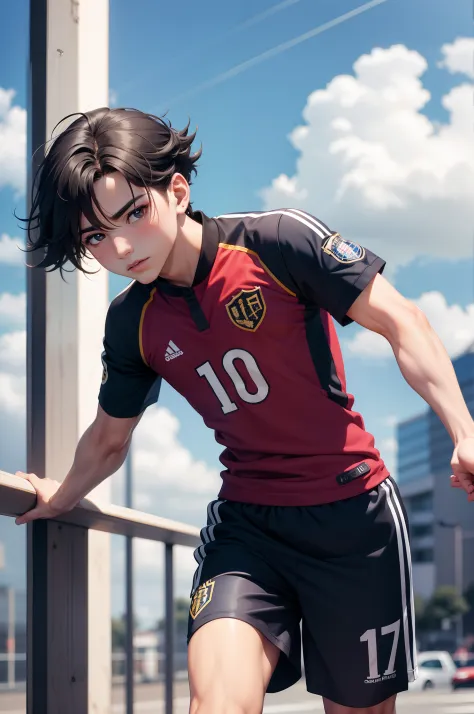 menino anime,(masculino), uniforme de futebol, longos cabelos loiros