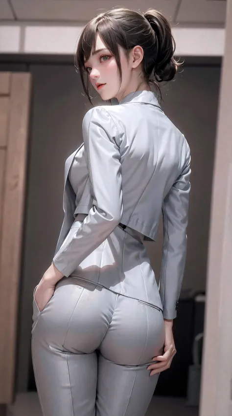 (Best quality, 8k, 32k, Masterpiece, UHD:1.2), 1girl, beautiy Japanese woman, narrow waist, grey suit, open jacket, office lady, suit, pants, from behind, office room, desk,  (stick out one's buttocks:1.2), detailed face, short hair, looking at viewer