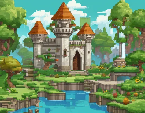 (64 bit pixel art),A game scene of a elven kingdom, green banner, white castle, water fountain, medival fantasy, cloudy sky, pixel art, game loading scene, pixel game, medival house, best quality, masterpiece, trending on Art station, extremely detailed