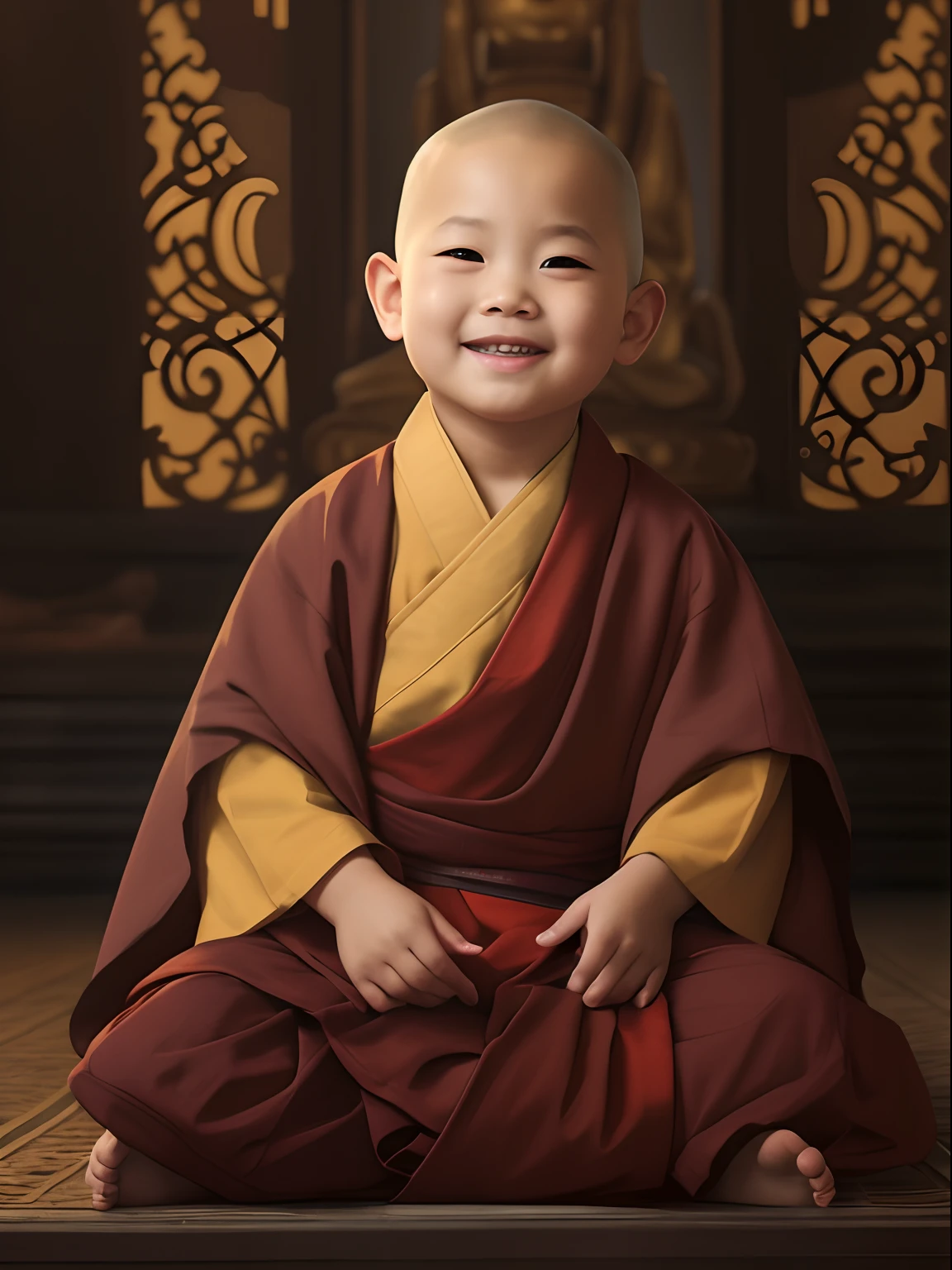 arafed child sitting on a mat smiling and wearing a monk robe, lovely digital painting, monk clothes, portrait of monk, childrens art in artstation, Buddhist, wearing brown robes, buddhist monk, yanjun cheng, Portrait shooting, Inspired by Hu Zaobin, high quality portrait, Buddhism, concept art of a monk, monk, dressed in simple robes,Big eyes