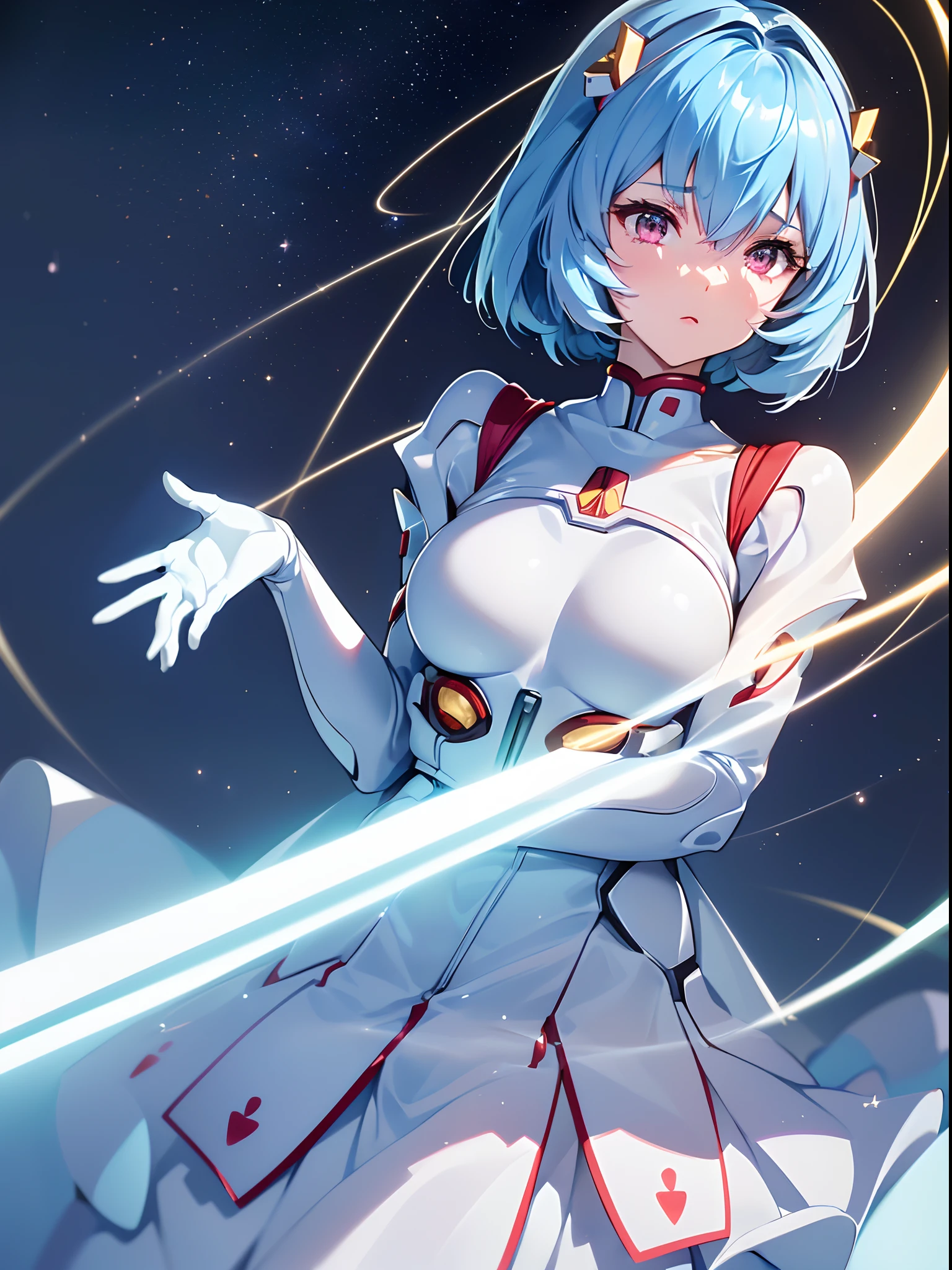 (((ayanami rei))),1girl,solo,(masterpiece,best quality, official art,aim to viewers, beautiful and aesthetic:1.2),(ultra high res,spiral, golden ratio, (4k),stars, seen from above,space,floating,good lighting, (photon mapping, radiosity, physically-based rendering,automatic white balance), technological sense,Amazing,sharp focus,rich background, (((high detailed skin,)))dynamic lighting,intricate detailed outfit,kawaii,glowing eyes,watery eyes,((short hair,))deadpan, skiny,  turtle neck, body suit, mechs,(masterpiece sidelighting),(bishoujo,lustrous),(sky blue hair,pink eyes,）[[delicate fingers and hands:0.55]::0.85],(detail fingers),((((wide-angle lens,))))selfie,incredibly absurdres,micro shot,focus on face,at night, (aesthetics and atmosphere:1.2), FilmGirl