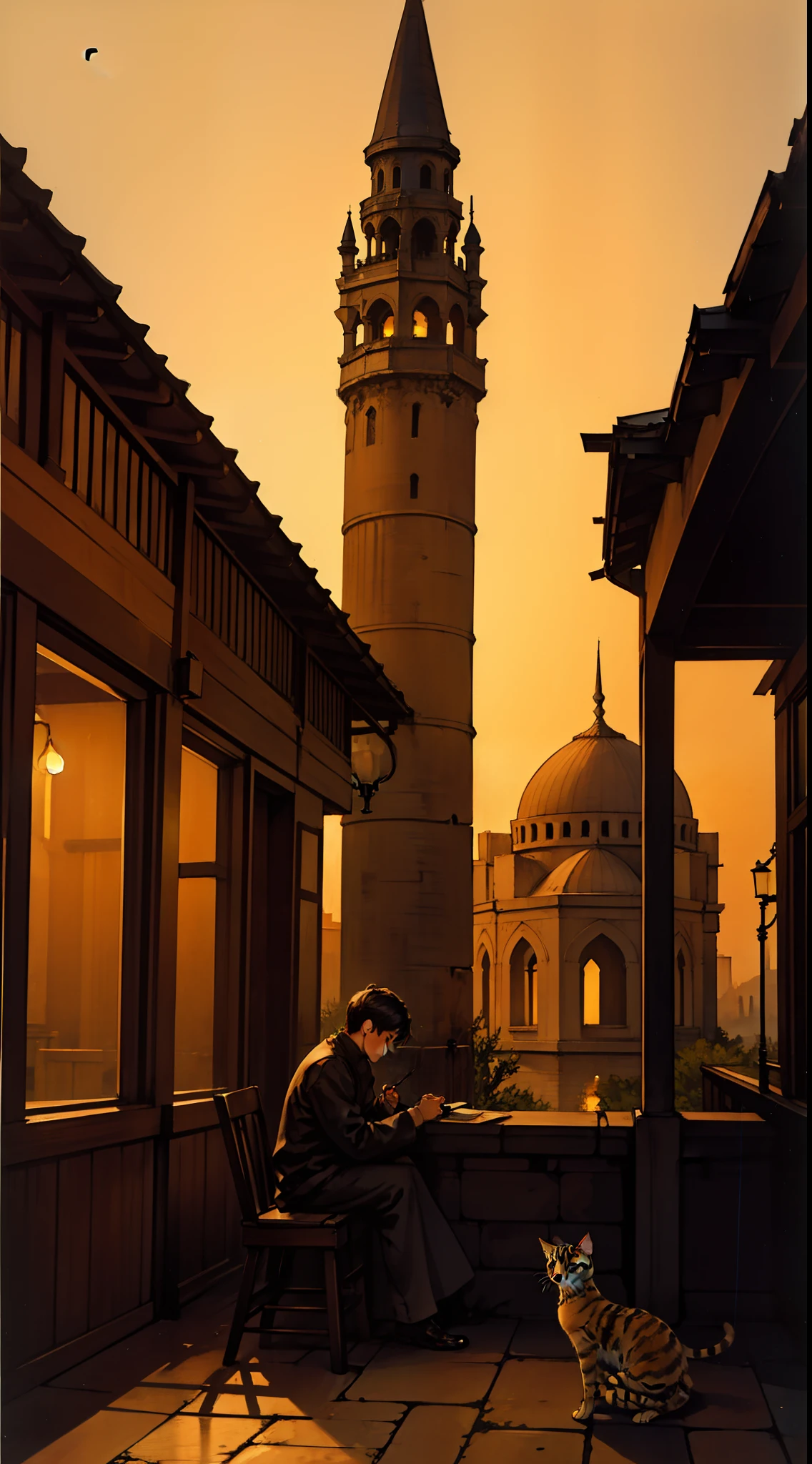 Era uma noite escura com chuva leve, Um menino estava sentado no chão à sua frente, ele estava observando um gatinho destacado, O cenário era numa casa clássica e havia uma mesquita com um minarete e uma lua crescente, uma lâmpada iluminava a cena