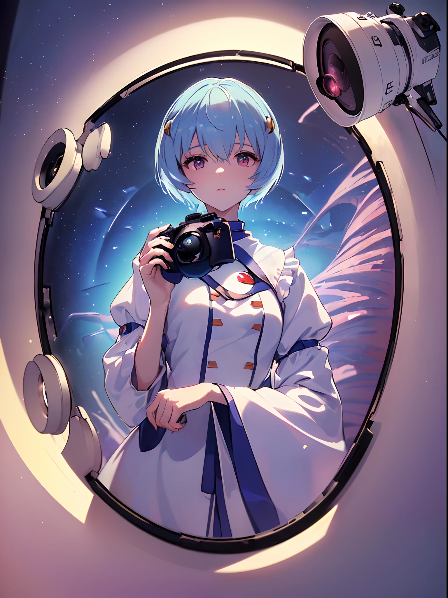 (((ayanami rei))),1girl,solo,(masterpiece,best quality, official art,aim to viewers, beautiful and aesthetic:1.2),(ultra high res,spiral, golden ratio, (4k),stars, seen from above,space,floating,good lighting, (photon mapping, radiosity, physically-based rendering,automatic white balance), technological sense,Amazing,sharp focus,rich background, (((high detailed skin,)))dynamic lighting,intricate detailed outfit,kawaii,glowing eyes,watery eyes,((short hair,))deadpan, skiny,  turtle neck, body suit, mechs,(masterpiece sidelighting),(bishoujo,lustrous),(sky blue hair,pink eyes,）[[delicate fingers and hands:0.55]::0.85],(detail fingers),((((SLR camera lens reflected in the eyes,Ultra Photographic Quality,fisheye)))),((incredibly absurdres)),micro shot,focus on face,at night,FilmGirl