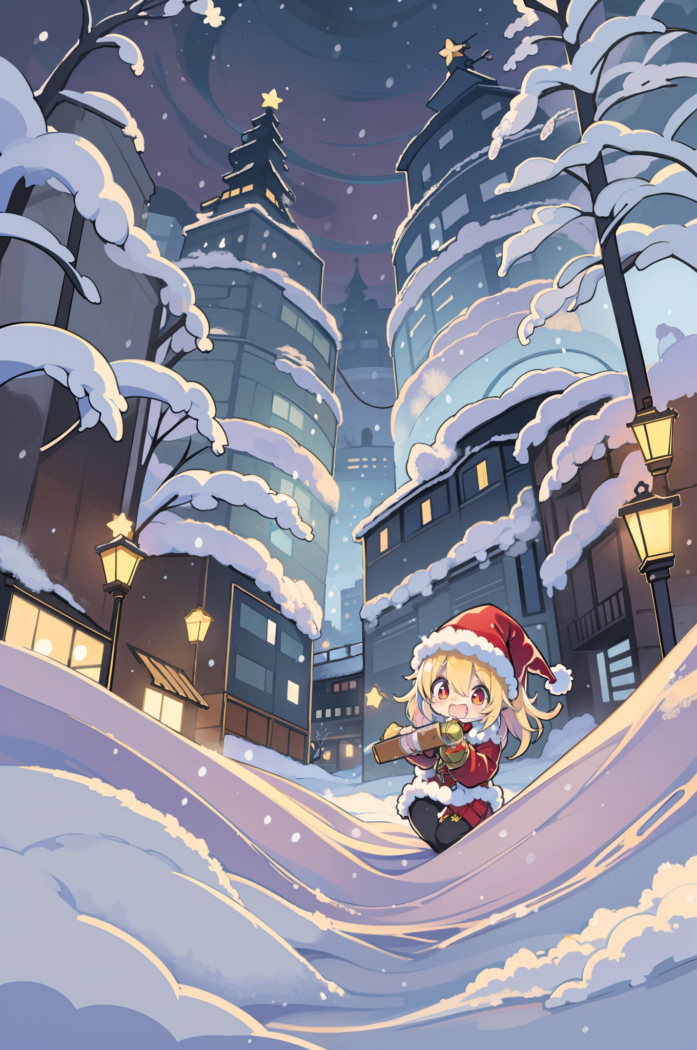 Charming Christmas 12 year old winter, girl with,Cartoon style, 2D, planar vector, Colorful splashes, Vector art, Fantasy Art,Digital Painting, white bg, 8K、Looks fun、In heavy snow