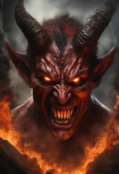 create an inper-realistic image of the devil in the middle of hell, his mouth open spewing lava on fire, his eyes and ears throwing flames;