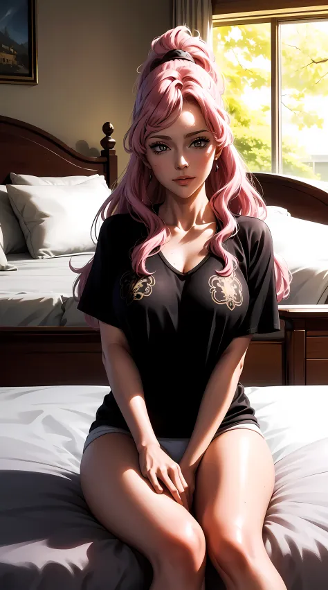 anessa from black clover anime, long hair, pink hair, ponytail, beautiful, beautiful woman, perfect body, perfect breasts, wearing a big white t-shirt, black panties, in bed, bedroom, bed, sitting on the bed sleeping , looking at the viewer, slightly smili...