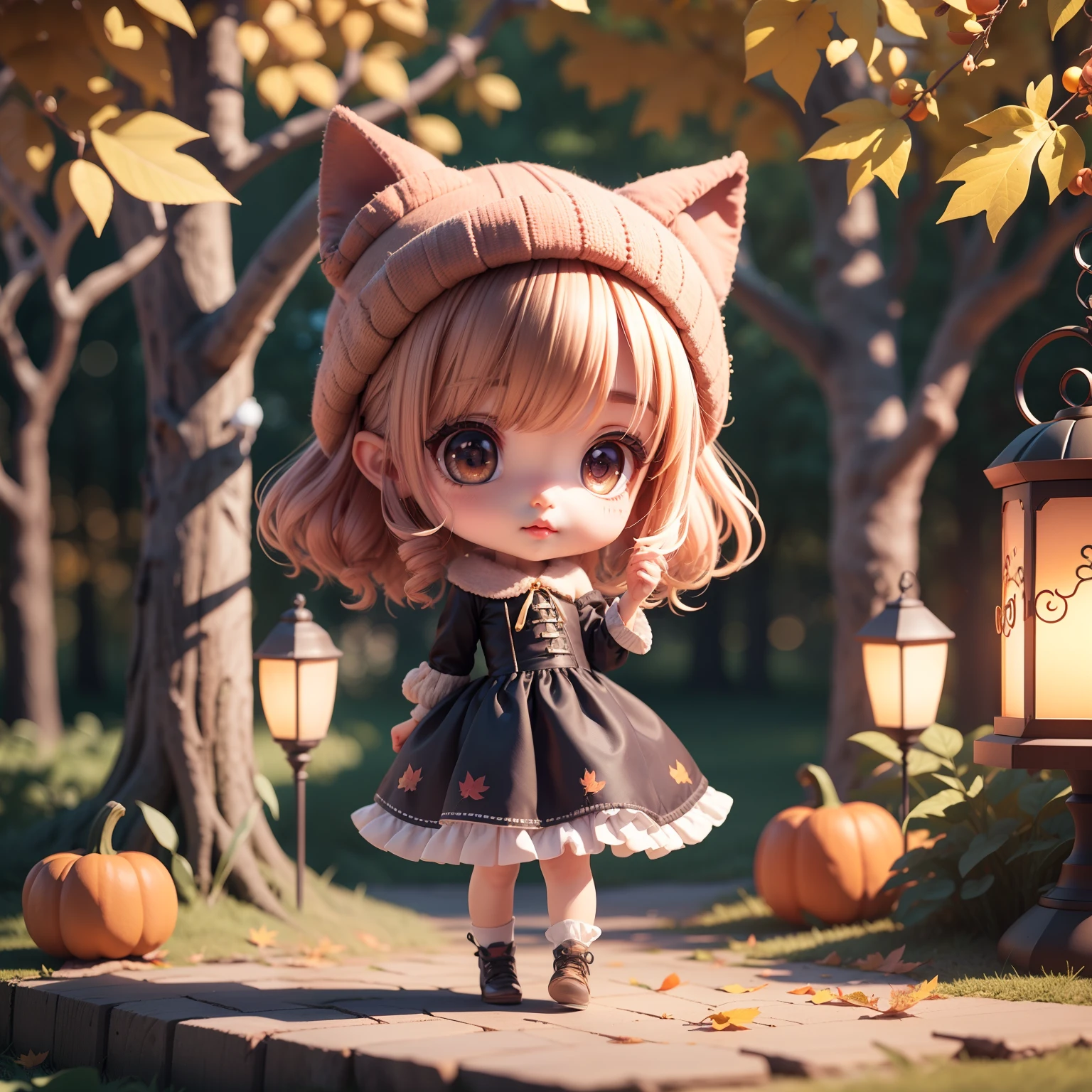 Cute baby chibi anime,(((chibi 3d))) (Best quality) (Master price)、Chibi model、Black and purple dress、Wolf head hat、Autumn in the fairytale forest、Lots of realistic pumpkins、In both hands、There is a vintage lantern