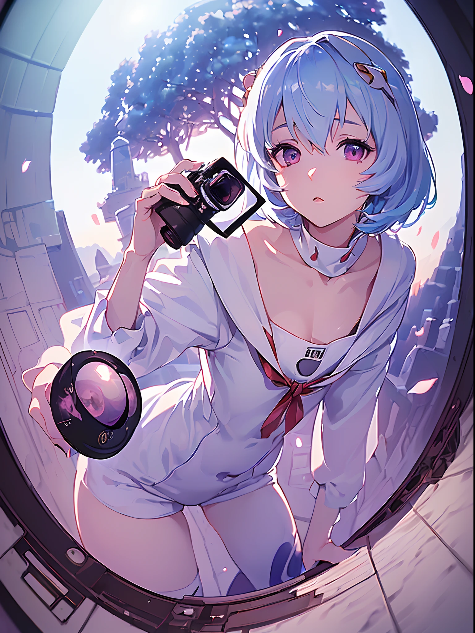 (((ayanami rei))),1girl,solo,(masterpiece,best quality, official art,aim to viewers, beautiful and aesthetic:1.2),(ultra high res,spiral, golden ratio, (4k),stars, seen from above,space,floating,good lighting, (photon mapping, radiosity, physically-based rendering,automatic white balance), technological sense,Amazing,sharp focus,rich background, (((high detailed skin,)))dynamic lighting,intricate detailed outfit,kawaii,glowing eyes,watery eyes,((short hair,))deadpan, skiny,  turtle neck, body suit, mechs,(masterpiece sidelighting),(bishoujo,lustrous),(sky blue hair,pink eyes,）[[delicate fingers and hands:0.55]::0.85],(detail fingers),((((SLR camera lens reflected in the eyes,Ultra Photographic Quality,fisheye)))),((incredibly absurdres)),micro shot,(leaning_forward:1.2),((extremely_detailed_eyes_and_face)),Tokyo Dome,(disheveled hair),cherry_blossoms,petals,Flying notes,,at night,FilmGirl