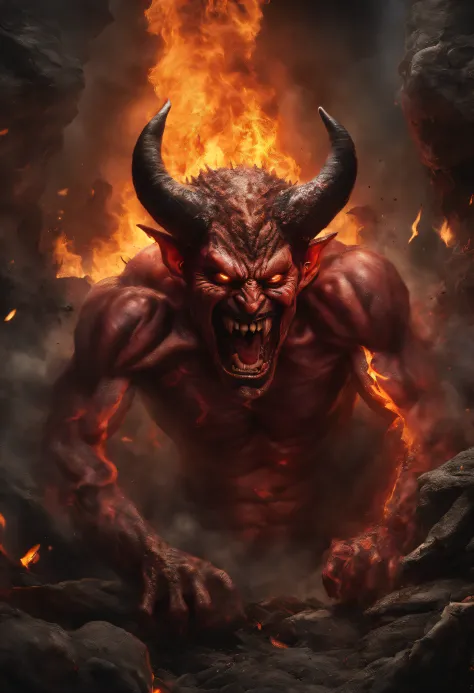 create an inper-realistic image of the devil in the middle of hell, his mouth open spewing lava on fire, his eyes and ears throwing flames;