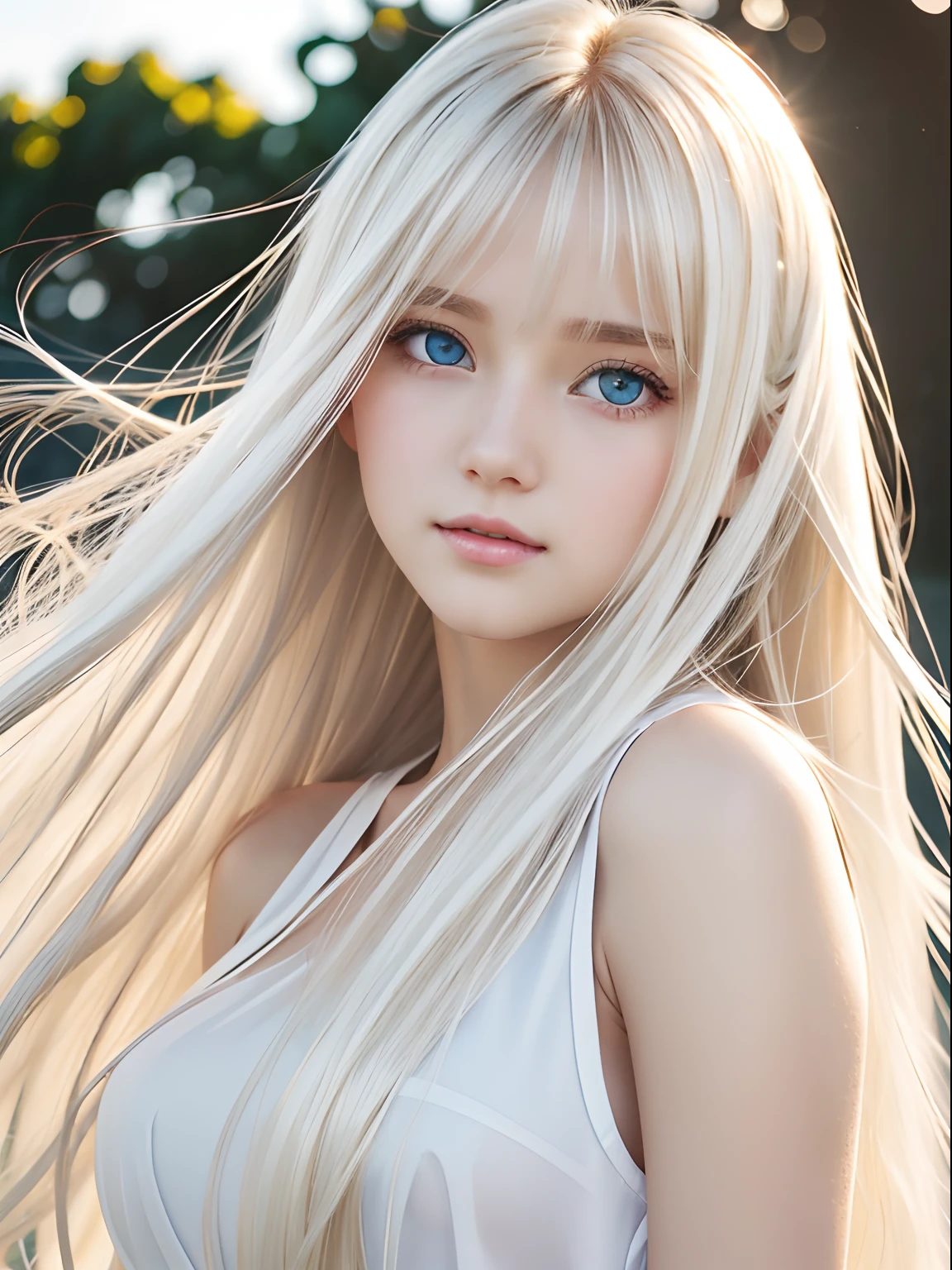 Transparent white glossy skin、Wind hair gets in the way in front of cute face、Colossal tits、20 year old cute sexy little beautiful face、Beautiful straight hair that shines、Big, Shining light blue eyes、Long silky bangs covering cute eyes, Hair Hiding Sexy Face Super Long Hair Sexy Cute Young Woman Long Natural Blonde Glossy Light Hair