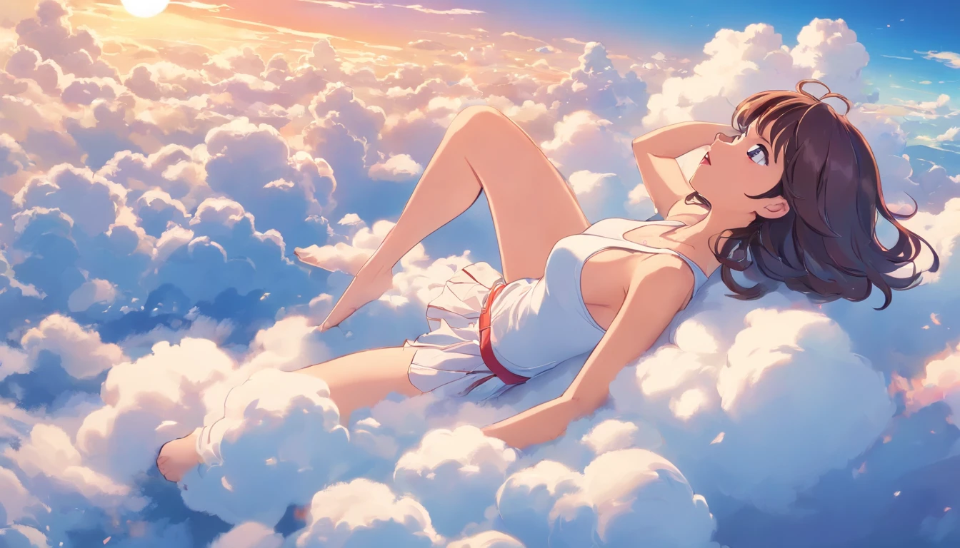 Anime girl laying on clouds with her legs up - SeaArt AI