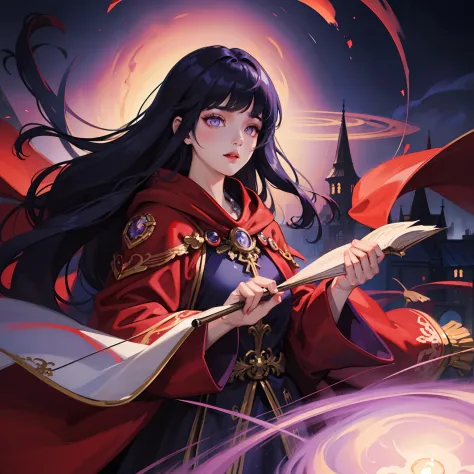 One girl in a red cloak、ultra-detailliert、Beautiful fece、Fantastic atmosphere、mysterious background、Night light、Light production、heavy shadow、Vibrant colors、dramatic compositions、Luxurious decoration、dreamlike landscape, Blunt Bangs, purple eyes, long dark...