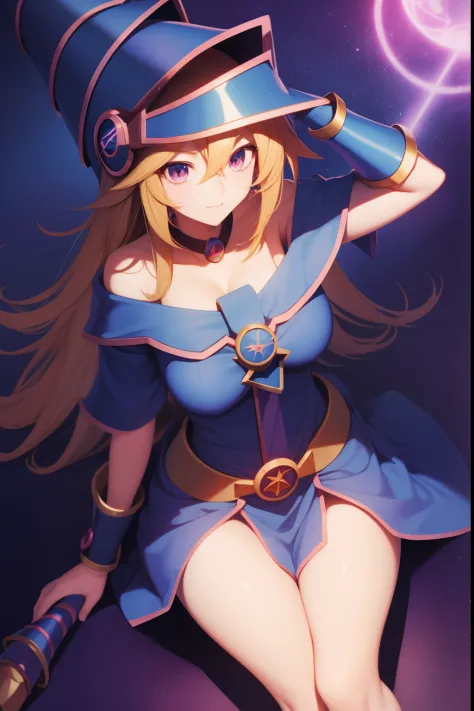 Anime girl with a sword and hat on her head, Black Magician Girl, beautiful dark magician girl, female mage!, dark magician girl...