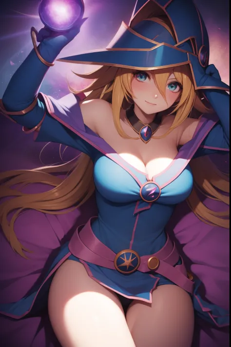 Anime girl with a sword and hat on her head, Black Magician Girl, beautiful dark magician girl, female mage!, dark magician girl from yu-gi-oh, pretty sorceress, flirty anime witch casting magic, hero 2 d fanart artsation, mighty plump female sorceress, Ma...