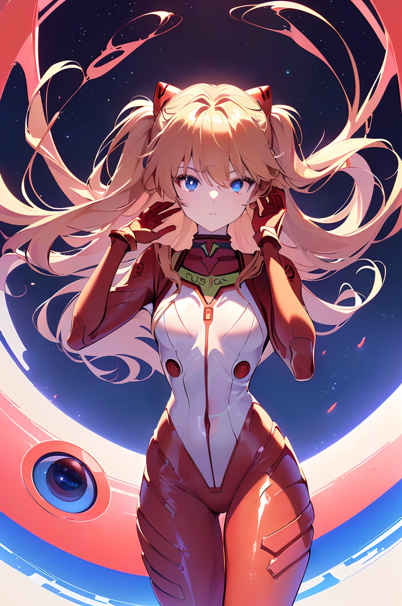 ((souryuu asuka langley, interface headset, red bodysuit:1.4, blonde)),(glowing eyes:1.233),(beautiful and detailed eyes:1.1),(expressionless,closed mouth),(standing), 1girl,solo,(masterpiece,best quality, official art,aim to viewers, beautiful and aesthetic:1.2),(ultra high res,spiral, golden ratio, (4k), see from above,((above the earth)),((in the space)),floating,good lighting, (photon mapping, radiosity, physically-based rendering,automatic white balance), technological sense,Amazing,sharp focus,rich background, (((high detailed skin,)))dynamic lighting,intricate detailed outfit,glowing eyes,watery eyes,(masterpiece sidelighting),(bishoujo,lustrous),[[delicate fingers and hands:0.55]::0.85],(detail fingers),((((SLR camera lens reflected in the eyes,Ultra Photographic Quality,fisheye,ultra wide angles)))),((incredibly absurdres)),micro shot,((extremely_detailed_eyes_and_face)),(disheveled hair),darkness,FilmGirl