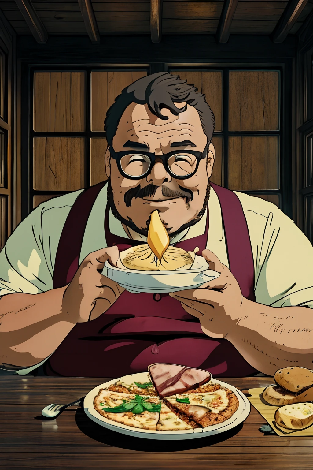 guttonerdvision14, Create a charming Studio Ghibli-style illustration that captures the essence of a chubby, Man with glasses who revels in gluttony. Defina a cena em uma cozinha aconchegante da fazenda, Iluminado por suave, warm sunlight streaming through a window. The ambiance radiates the rustic charm of a farmhouse, complete with weathered wooden furniture and a warm atmosphere.The focal point of the illustration is the jovial, burly man sitting at the table. Seu rosto brilha de alegria desenfreada ao contemplar a festa que se lhe apresenta. em cima da mesa, You'll find a mouth-watering cream that includes pizza slices, fresh bread, uma variedade de bebidas, bolos deliciosos, e doces. His hands eagerly reach for another slice of pizza, His face glowed with pure satisfaction.A luz natural da janela banha a cena de forma suave, warm ilumination, casting soft shadows that add depth and realism to the composition. Emphasize the man and his culinary indulgence, desfoque intencionalmente o plano de fundo, criando um contraste visual impressionante.The illustration should embrace the distinctive style of Studio Ghibli, conhecido por seu design de personagem extravagante e realista. This style emphasizes details rich in expressions, Creating charming and relatable characters.Rendering must be ultra-thin, with 8K resolution, garantindo que cada detalhe, From man's face to food textures, é exquisitely rendered.This scene beautifully captures the theme of indulgence and gluttony in a warm and inviting farmhouse setting, infusing it with the magical and thrilling qualities of Studio Ghibli's storytelling.