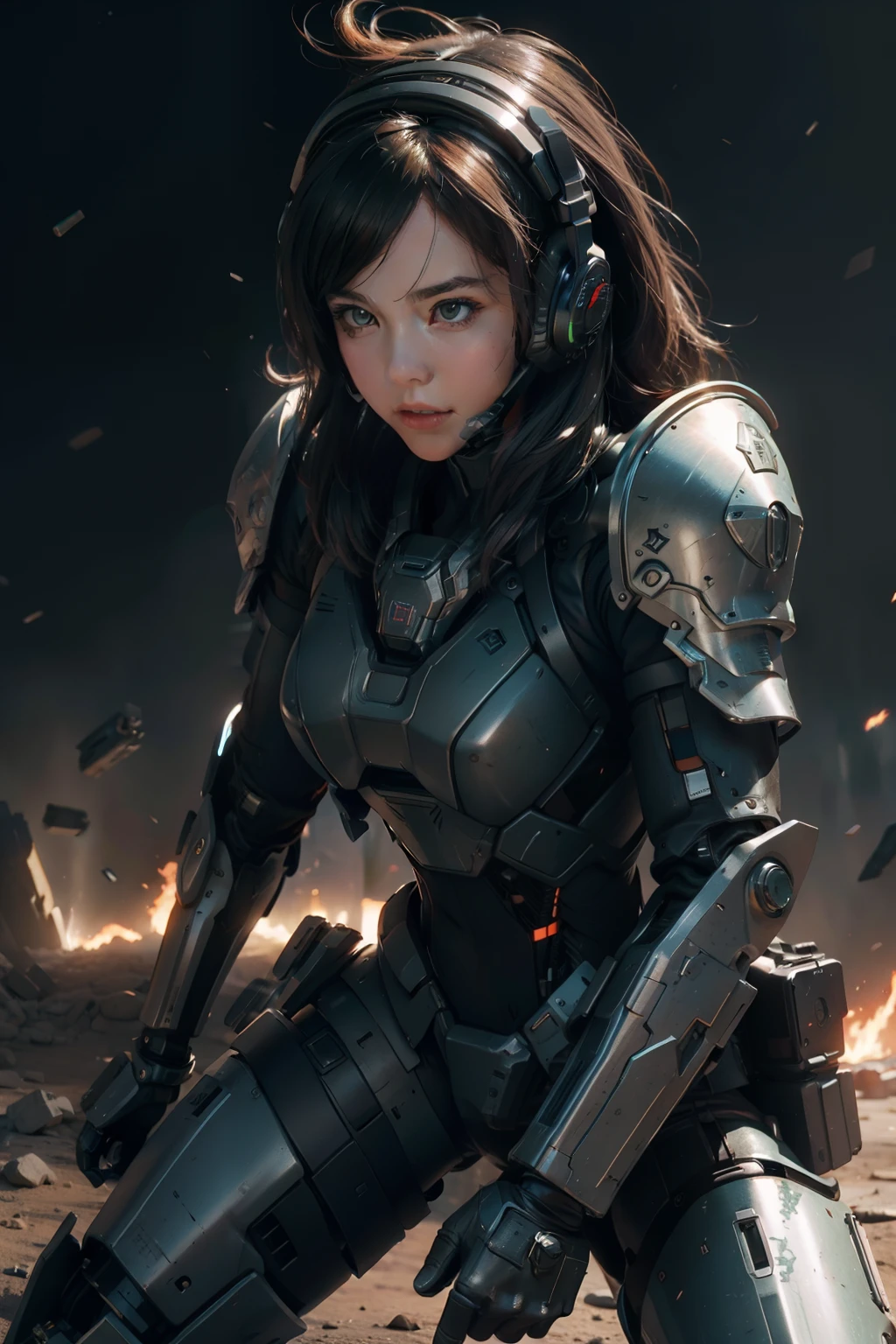 close-up potrait, face focus, a cute young loli raised a super big gun, in heavy complex robotic armor, dynamic pose, stance pose, masterpiece, perfect feminine face, best quality, ultra high res, sci-fi, transformers, fantasy, futuristic, green neon, armlet, jet packs, giant canon attached, canon, weapon, heavy armor, mask, headset