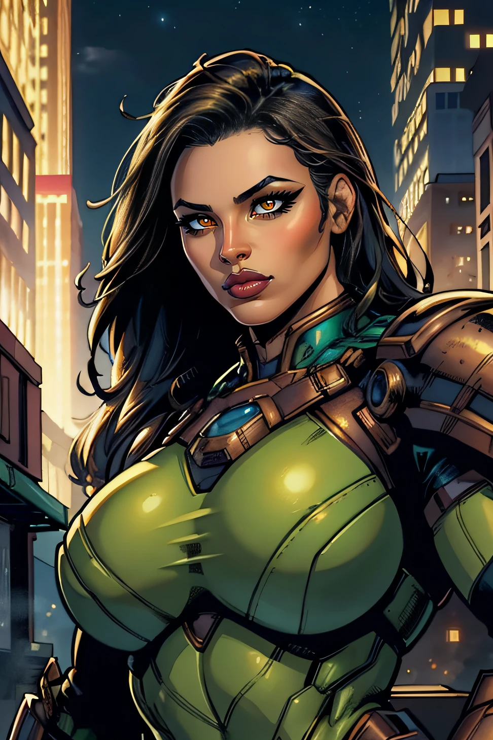 jim lee,

portrait, 1girl, bronze skinned female, chubby physique, sci fi armor, green eyes, long hair, solo, ((night)), city, 

((masterpiece))