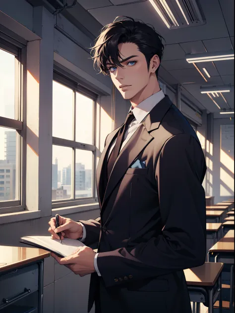 (absurdres, highres, ultra detailed), 1 male, adult, handsome, finely detailed eyes and detailed face, teacher, classroom, teach...