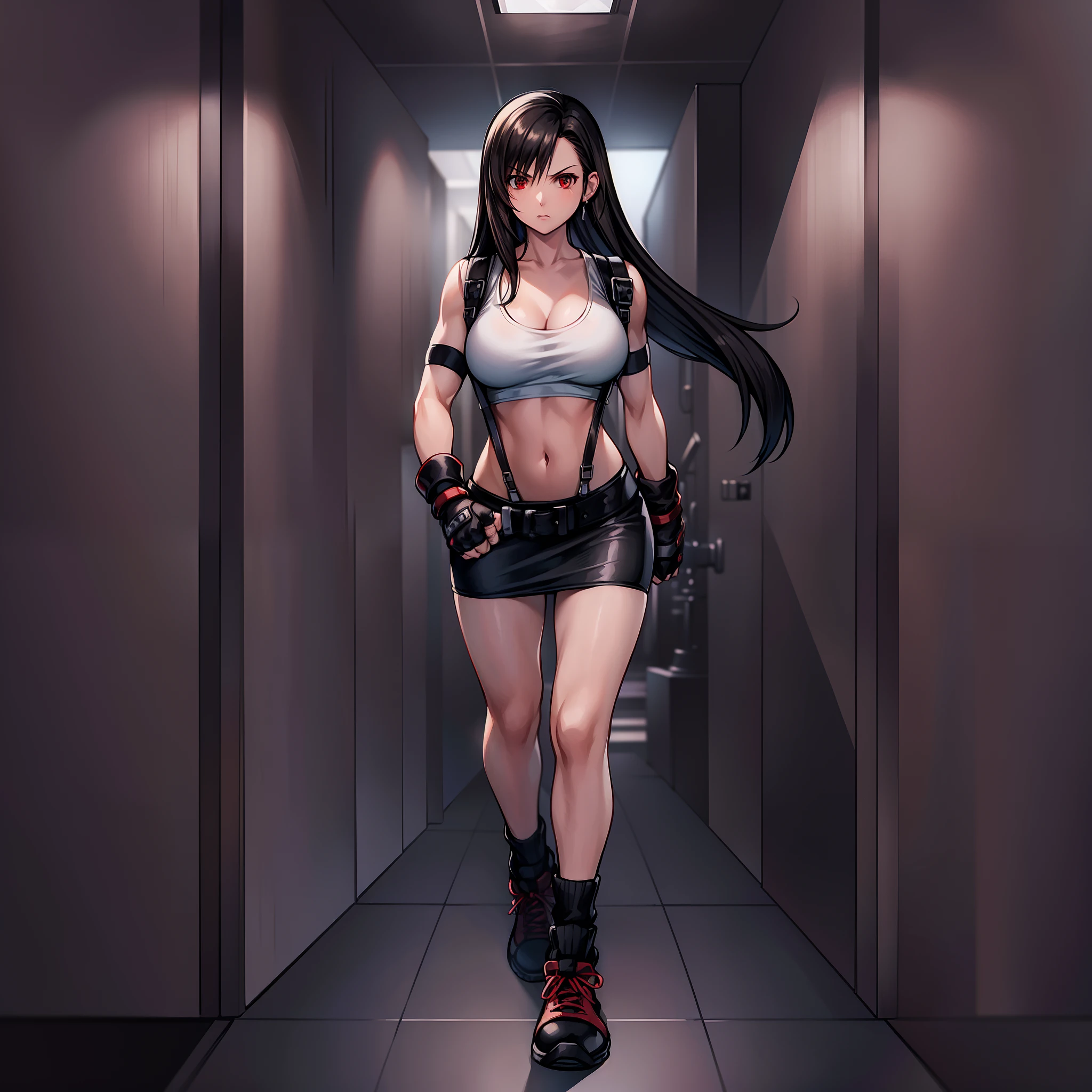 Tifa Lockhart, 1girl, solo, front face, front view, (masterpiece, super detail, best quality), (walking), serious, looking at viewer, red eyes, (hands clenched into fists), slender body, medium breasts, cleavage, (white sports bra), white crop top, (black pencil skirt), (black suspenders), (black loose ankle socks), (red sneakers), (fingerless gloves), (4fingers and 1thumbs:1.5), (earring), flat background