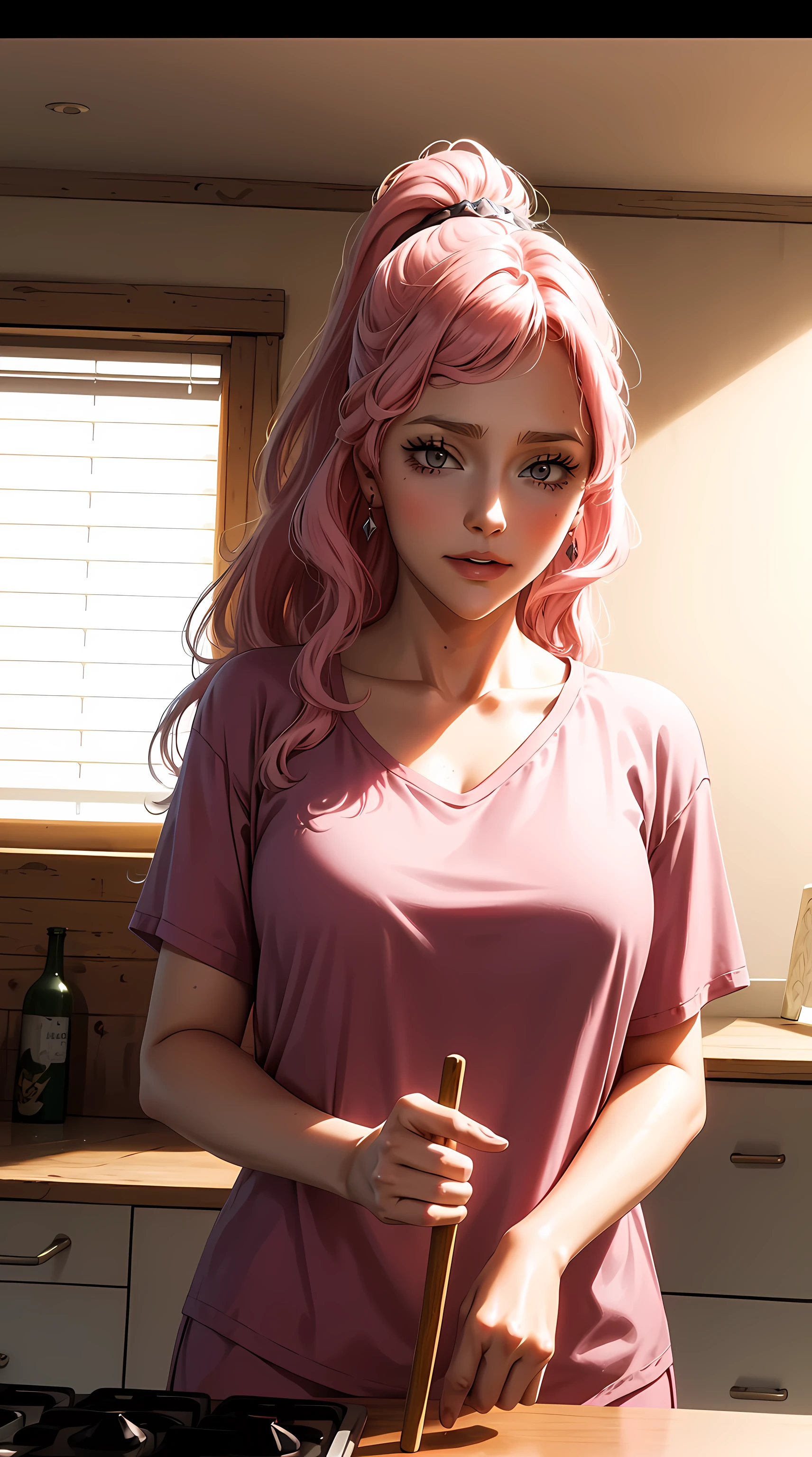 vanessa from black clover anime, long hair, pink hair, ponytail, ponytail, beautiful, beautiful woman, perfect body, perfect breasts, wearing white pajamas, pajamas, sleepwear, in the kitchen, clear kitchen, looking at the viewer, a little smile, realism, masterpiece, textured skin, super detail, high detail, high quality, best quality, 1080p, 16k