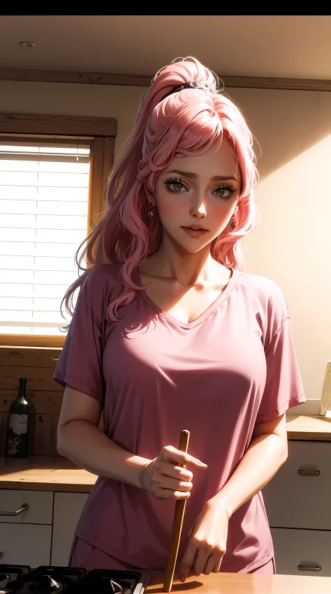 vanessa from black clover anime, long hair, pink hair, ponytail, ponytail, beautiful, beautiful woman, perfect body, perfect breasts, wearing white pajamas, pajamas, sleepwear, in the kitchen, clear kitchen, looking at the viewer, a little smile, realism, ...