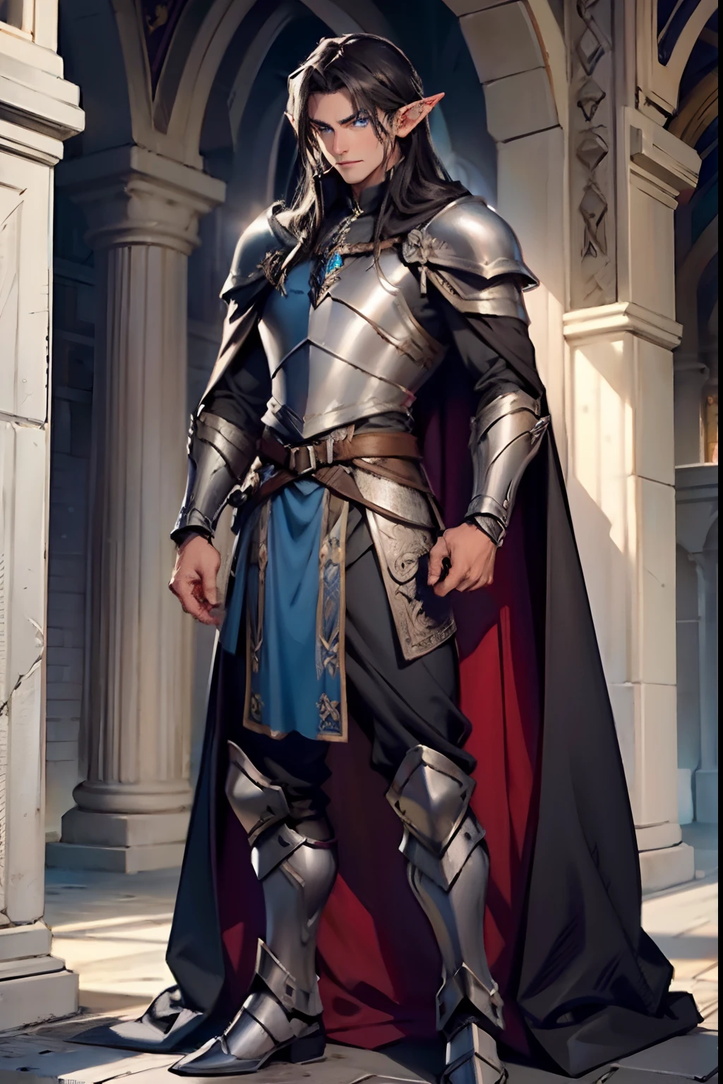 mature elf male, long messy hair black color, blue eyes, tall, wearing silver elf armor, brown travel cape, full body art