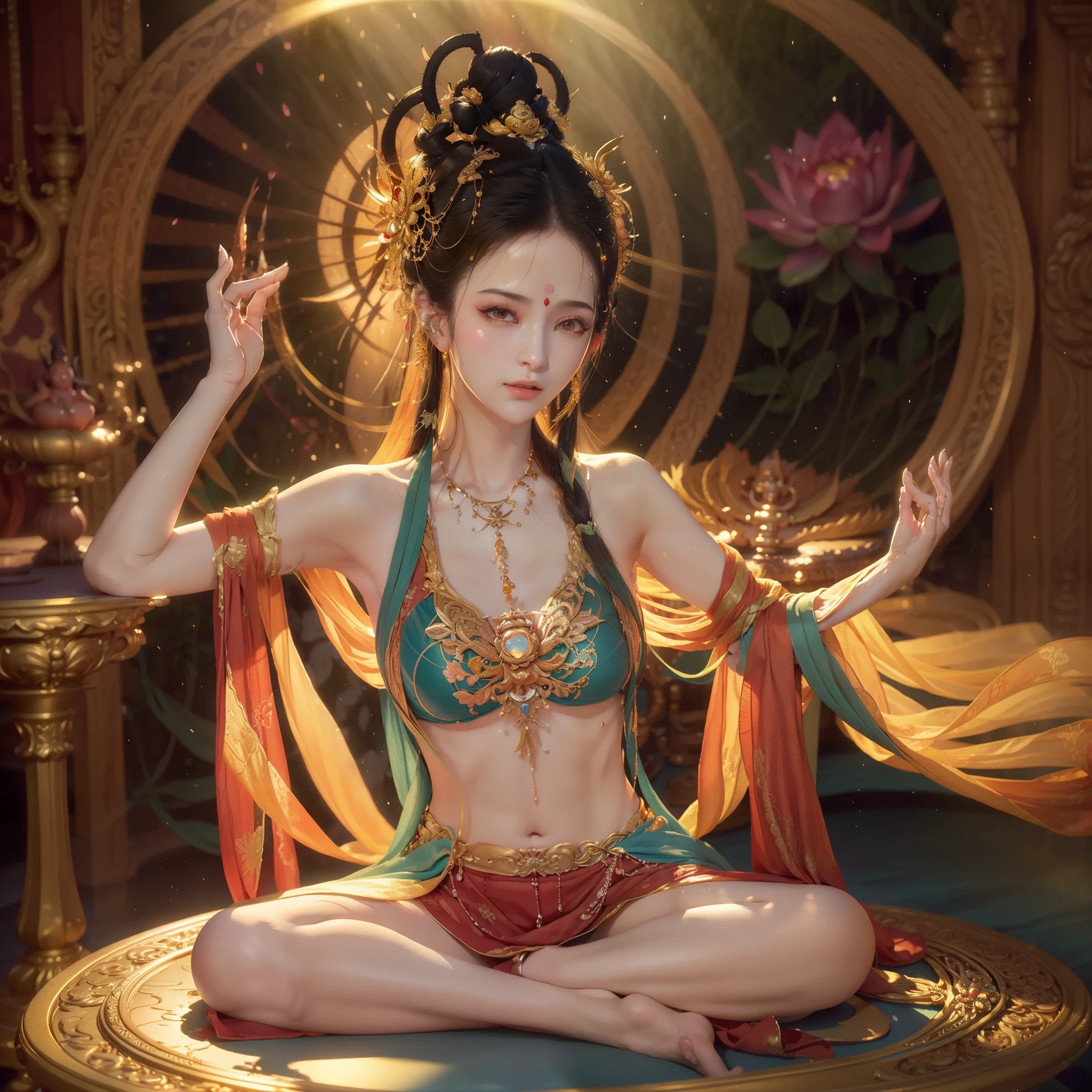 Schweißgetränkter tantrischer Avalokiteshvara, Setzen Sie sich mit gekreuzten Beinen auf den Altar, um tief zu meditieren，（Yoga Mudra）, (Machen Sie Yoga-Lotus-Pose), (alle Einzelheiten, schönes Gesicht), (detaillierte Augen, detaillierte Lippen), (heiterer Ausdruck), (lange Wimpern), (ruhige Atmosphäre), (sanftes warmes Licht), [Friedlich], [Harmonie], [friedlich], (beste Qualität, 4K-Auflösung, Eine hohe Auflösung), ultra-detailliert, (Realistisch:1.37), (lebendige Farben), (physikalisch basiertes Rendering), (Studiobeleuchtung), (Bokeh), (ätherisch), (spirituell).